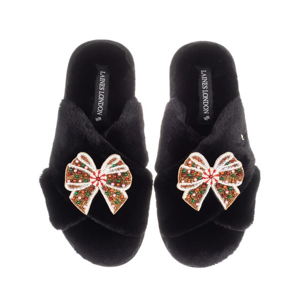 laines London Classic Laines Slippers With Christmas Gingerbread Bows Brooches