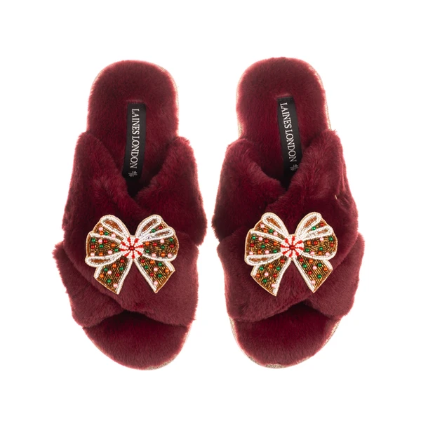 laines london Classic Laines Slippers With Christmas Gingerbread Bows Brooches