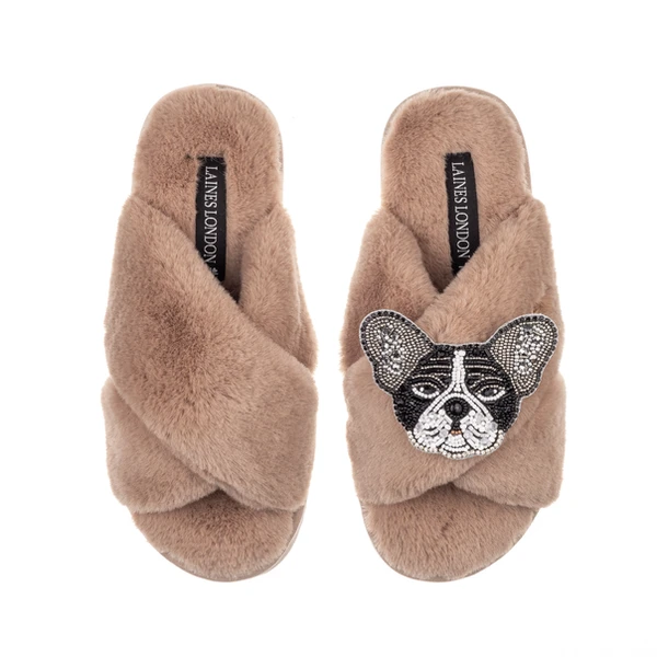 Laines London Classic Laines Slippers With Coco The Frenchie Brooch