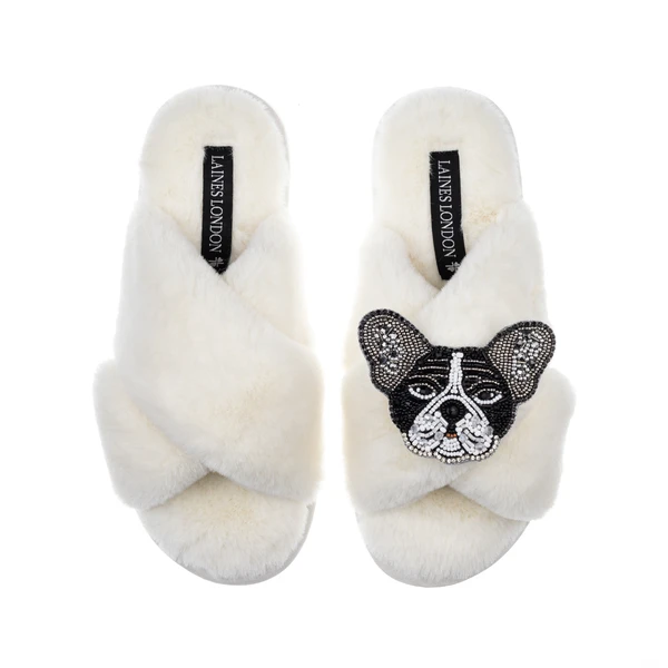 Laines London Classic Laines Slippers With Coco The Frenchie Brooch