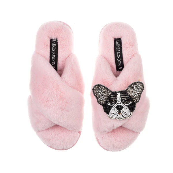 Laines London Classic Laines Slippers With Coco The Frenchie Brooch