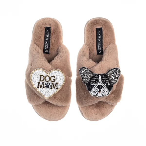 Laines London Classic Laines Slippers With Coco The Frenchie & Dog Mum / Mom Brooches