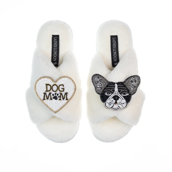 Laines London Classic Laines Slippers With Coco The Frenchie & Dog Mum / Mom Brooches