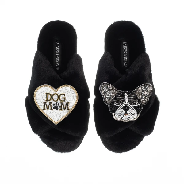 Laines London Classic Laines Slippers With Coco The Frenchie & Dog Mum / Mom Brooches