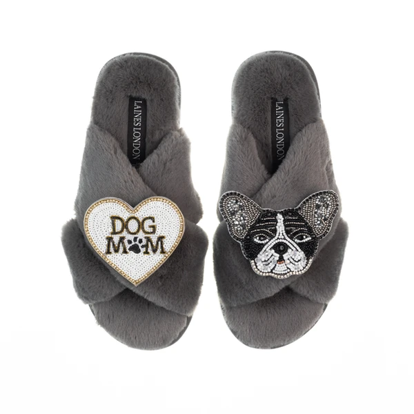 laines london Classic Laines Slippers With Coco The Frenchie & Dog Mum / Mom Brooches