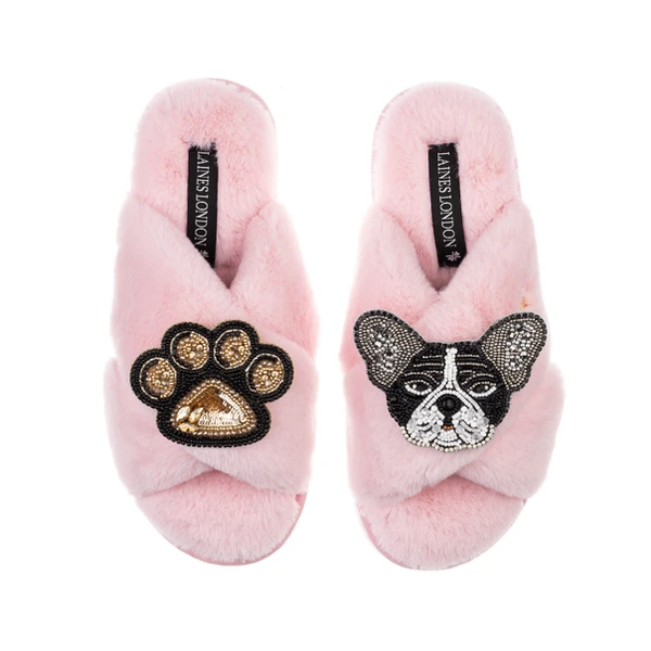 Laines London Classic Laines Slippers With Coco The Frenchie & Paw Brooches