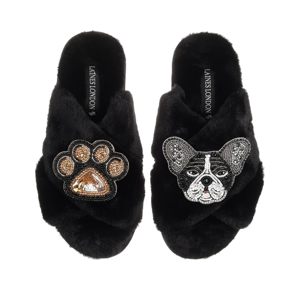 Laines London Classic Laines Slippers With Coco The Frenchie & Paw Brooches