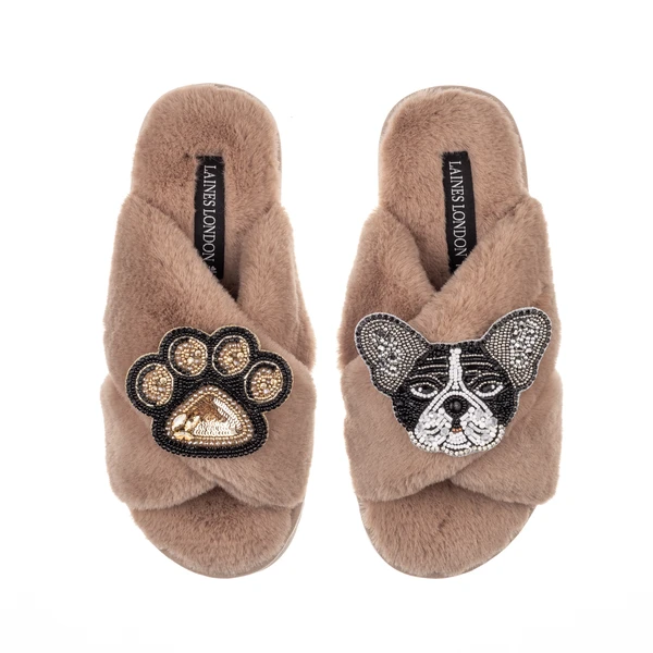 Laines London Classic Laines Slippers With Coco The Frenchie & Paw Brooches