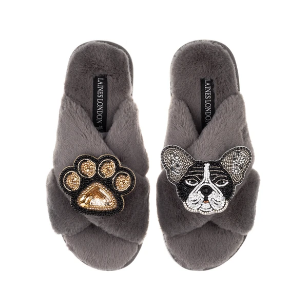 laines london Classic Laines Slippers With Coco The Frenchie & Paw Brooches