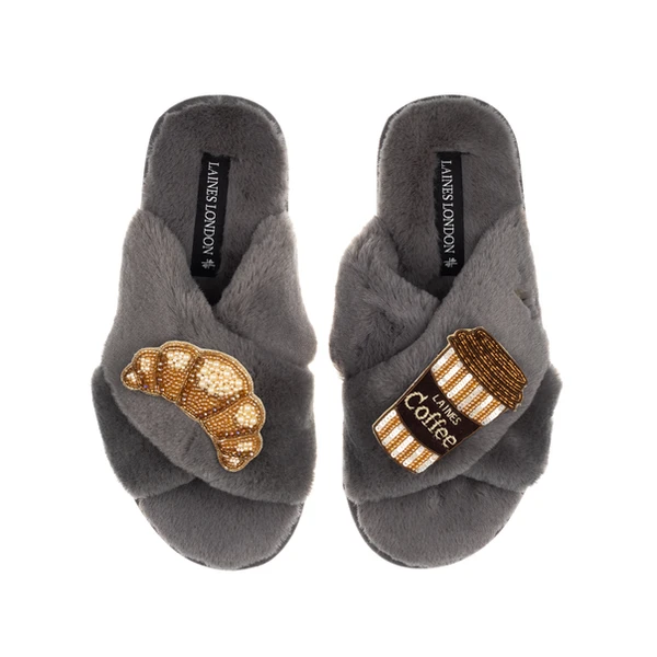 Laines London Classic Laines Slippers With Coffee & Croissant Brooches