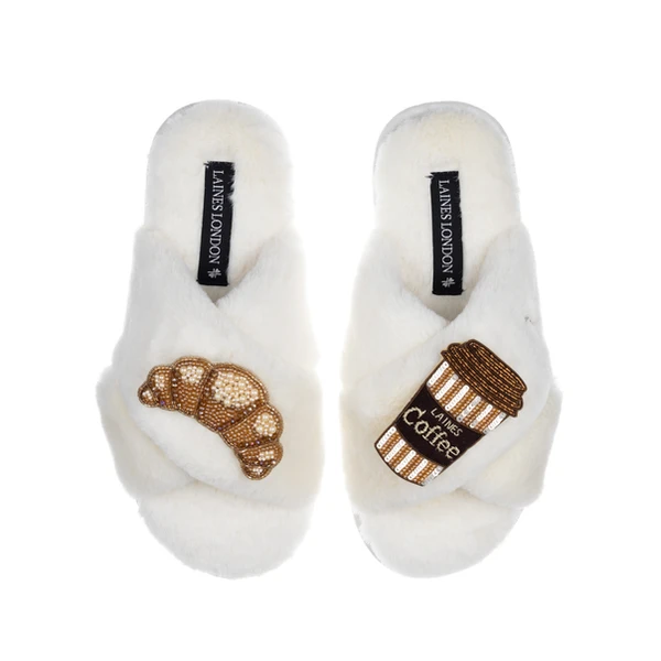 Laines London Classic Laines Slippers With Coffee & Croissant Brooches