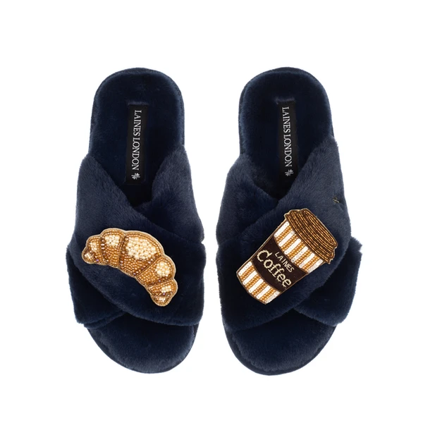 Laines London Classic Laines Slippers With Coffee & Croissant Brooches