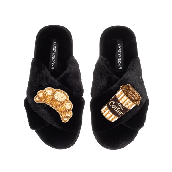 laines london Classic Laines Slippers With Coffee & Croissant Brooches