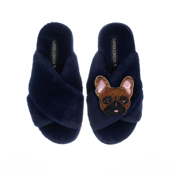 Laines London Classic Laines Slippers With Cookie The Frenchie Brooch