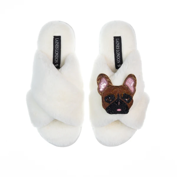 Laines London Classic Laines Slippers With Cookie The Frenchie Brooch