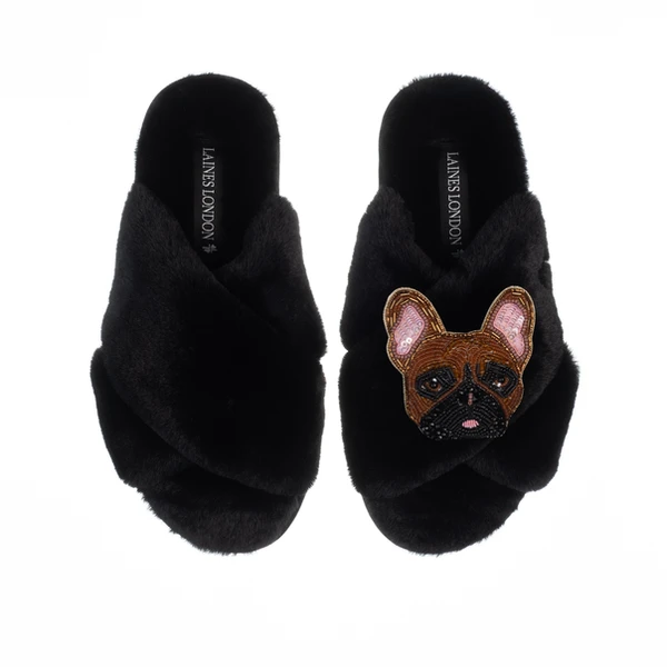 laines london Classic Laines Slippers With Cookie The Frenchie Brooch
