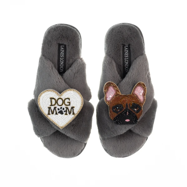 Laines London Classic Laines Slippers With Cookie The Frenchie & Dog Mum / Mom Brooches