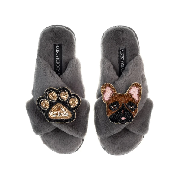 Laines London Classic Laines Slippers With Cookie The Frenchie & Paw Brooches