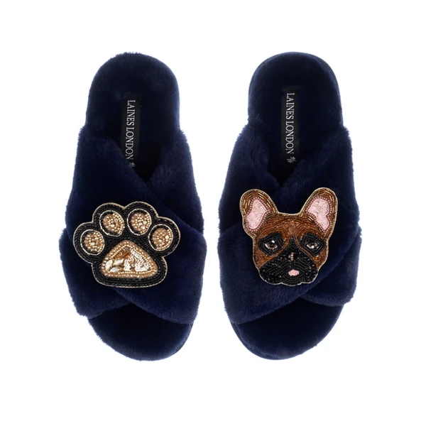 Laines London Classic Laines Slippers With Cookie The Frenchie & Paw Brooches