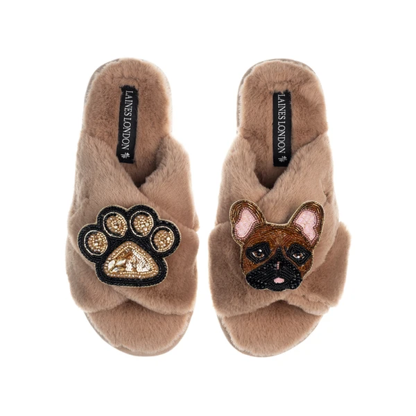 laines london Classic Laines Slippers With Cookie The Frenchie & Paw Brooches