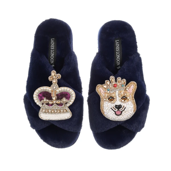 Laines London Classic Laines Slippers With Corgi & Crown Brooches