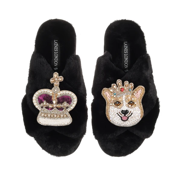Laines London Classic Laines Slippers With Corgi & Crown Brooches