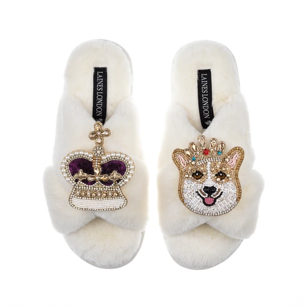 Laines London Classic Laines Slippers With Corgi & Crown Brooches