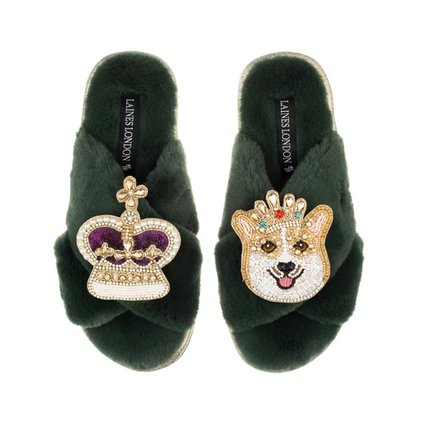 laines london Classic Laines Slippers With Corgi & Crown Brooches
