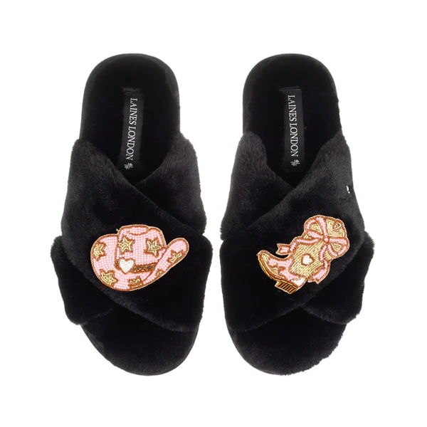 Laines London Classic Laines Slippers With Cowgirl Hat & Cowgirl Boots Brooches