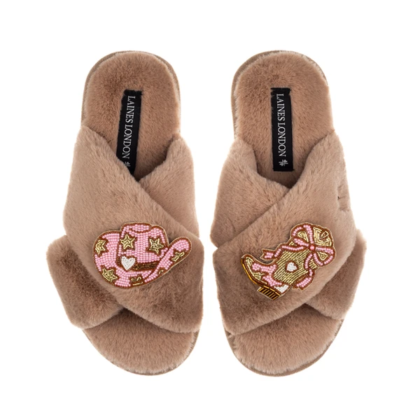 Laines London Classic Laines Slippers With Cowgirl Hat & Cowgirl Boots Brooches