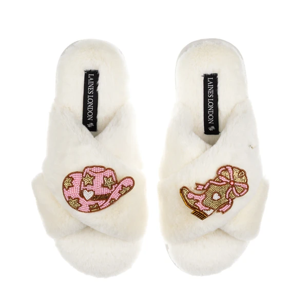 laines london Classic Laines Slippers With Cowgirl Hat & Cowgirl Boots Brooches