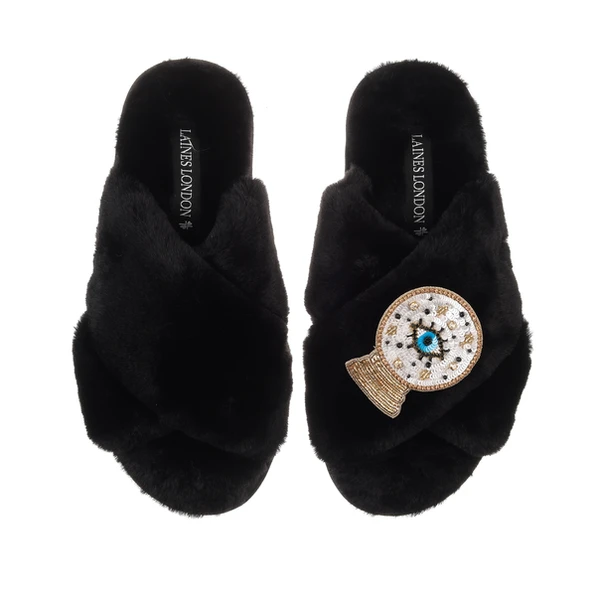 Laines London Classic Laines Slippers With Crystal Ball Brooch