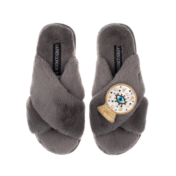 Laines London Classic Laines Slippers With Crystal Ball Brooch