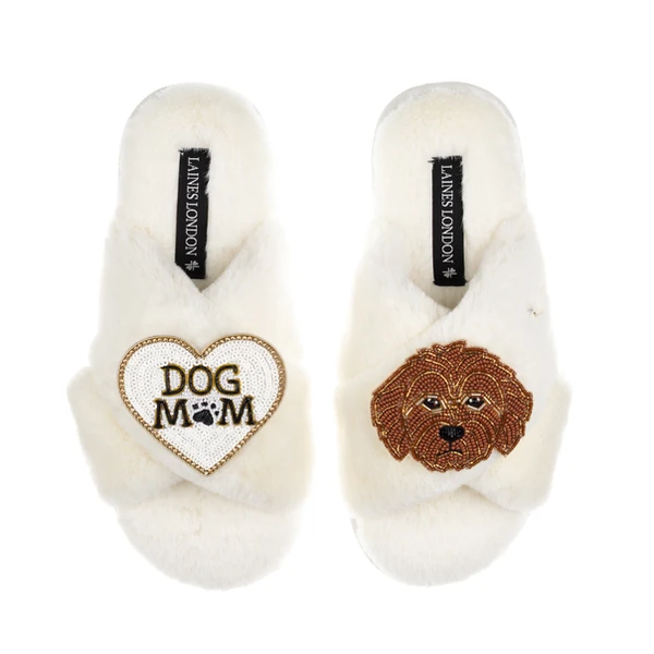 Laines London Classic Laines Slippers With Dog Mum / Mom & Apricot Cockapoo Brooches