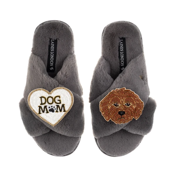 Laines London Classic Laines Slippers With Dog Mum / Mom & Apricot Cockapoo Brooches