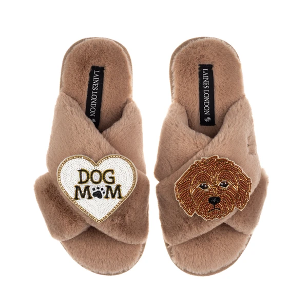 laines london Classic Laines Slippers With Dog Mum / Mom & Apricot Cockapoo Brooches