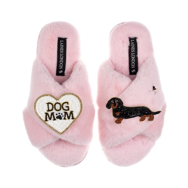 Laines London Classic Laines Slippers With Dog Mum/Mom & Black & Tan Dachshund Brooches