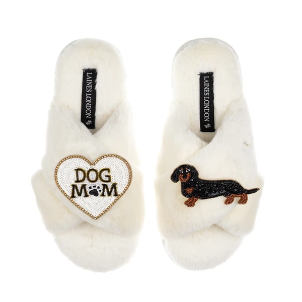 Laines London Classic Laines Slippers With Dog Mum/Mom & Black & Tan Dachshund Brooches