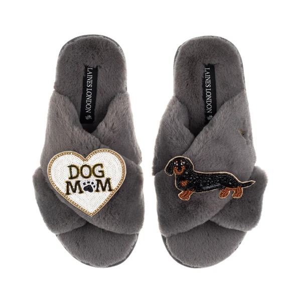 Laines London Classic Laines Slippers With Dog Mum/Mom & Black & Tan Dachshund Brooches