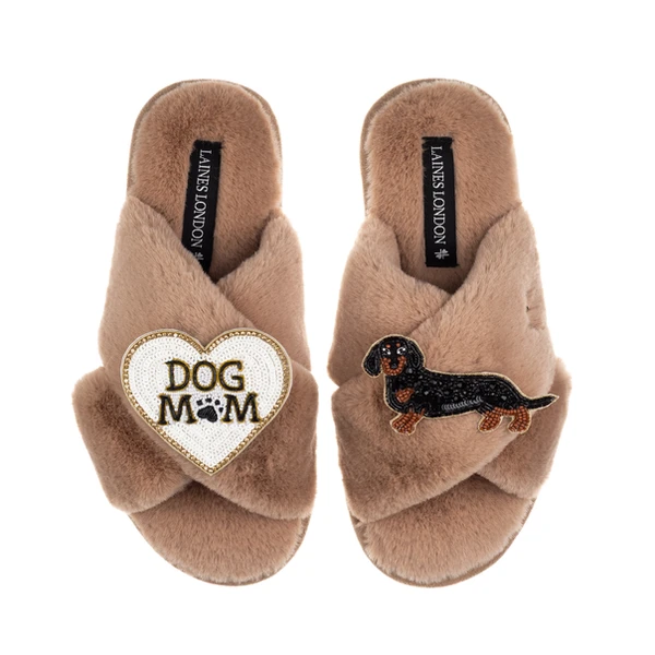 laines london Classic Laines Slippers With Dog Mum/Mom & Black & Tan Dachshund Brooches