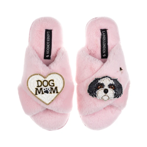 Laines London Classic Laines Slippers With Dog Mum / Mom & Black & White Shih Tzu Brooches