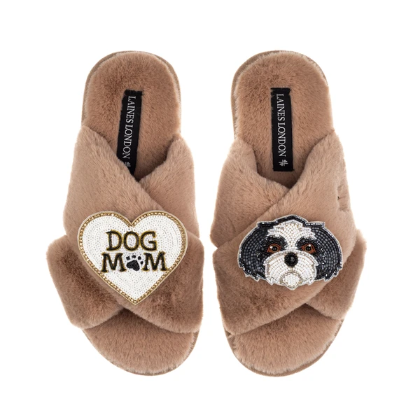 Laines London Classic Laines Slippers With Dog Mum / Mom & Black & White Shih Tzu Brooches