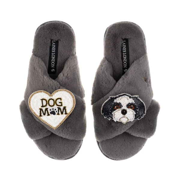 Laines London Classic Laines Slippers With Dog Mum / Mom & Black & White Shih Tzu Brooches