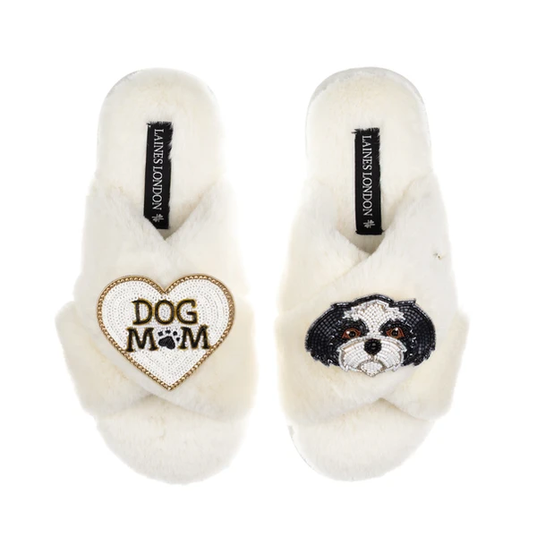 laines london Classic Laines Slippers With Dog Mum / Mom & Black & White Shih Tzu Brooches