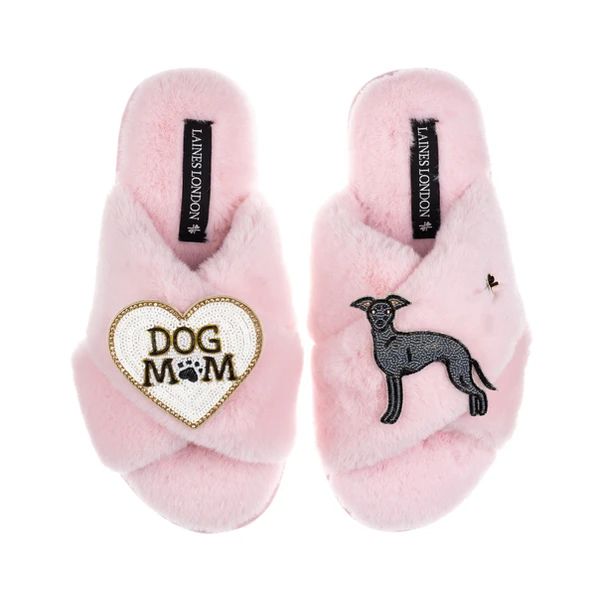Laines London Classic Laines Slippers With Dog Mum/Mom & Blue Italian Greyhound Brooches
