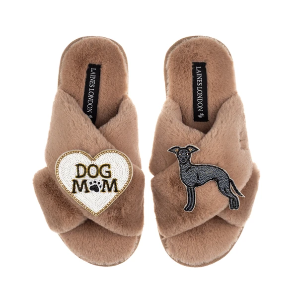 Laines London Classic Laines Slippers With Dog Mum/Mom & Blue Italian Greyhound Brooches
