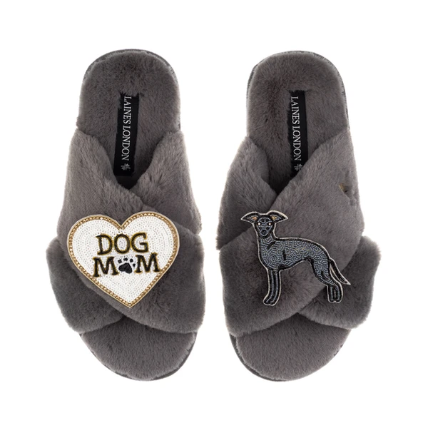 Laines London Classic Laines Slippers With Dog Mum/Mom & Blue Italian Greyhound Brooches