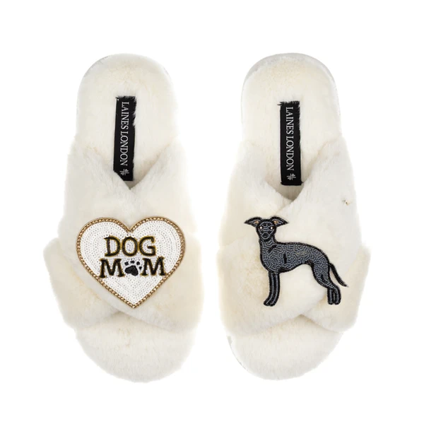 laines london Classic Laines Slippers With Dog Mum/Mom & Blue Italian Greyhound Brooches