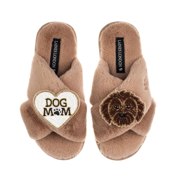 Laines London Classic Laines Slippers With Dog Mum / Mom & Chocolate Cockapoo Brooches