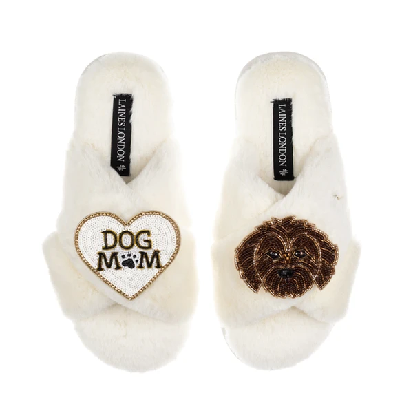 laines london Classic Laines Slippers With Dog Mum / Mom & Chocolate Cockapoo Brooches